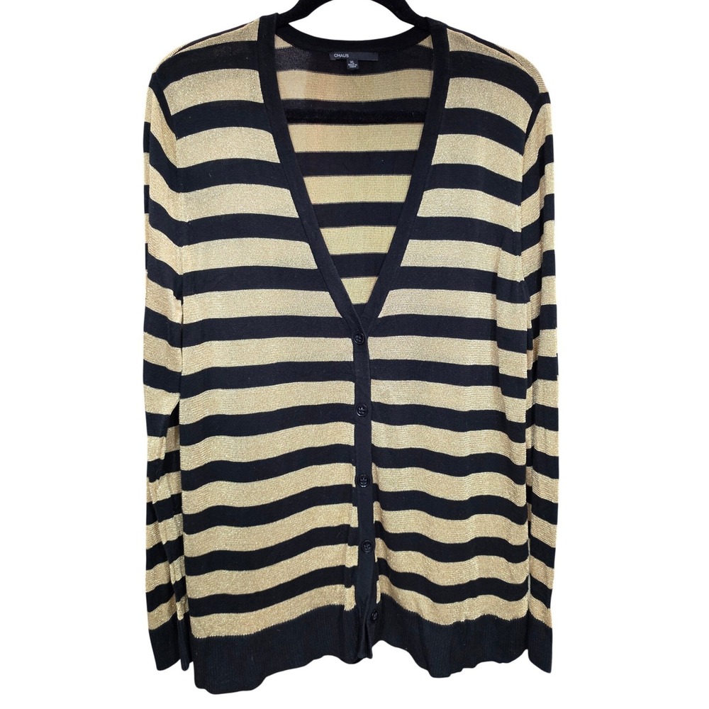 Chaus Womens XL Cardigan Sweater Black Gold Metallic Striped V-Neck Button Front - Picture 2 of 5